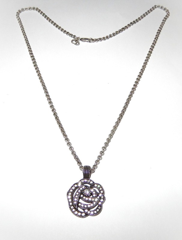 Vintage CHRISTIAN DIOR Dark Silver Crystal Rose Pendant Necklace 24″