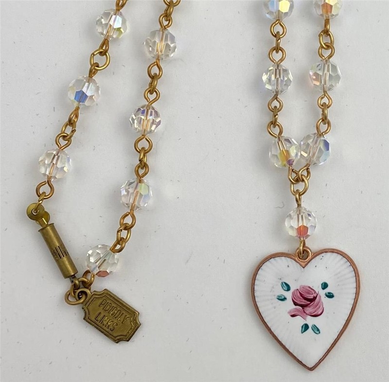 Pididdly Links Enamel Rose Heart Pendant Crystal Bead Chain Necklace 16" Long gallery
