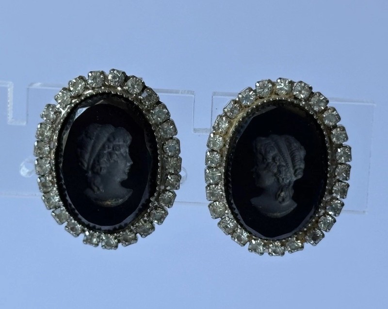 Vintage Hobe Signed Cameo Intaglio Black Onyx Glass Silver Rhinestone Earrings