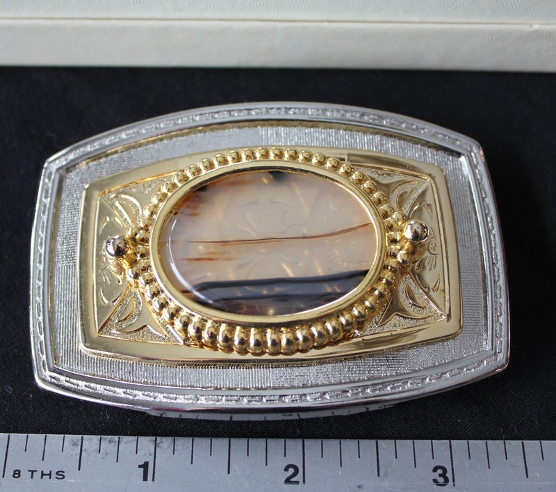 Rare Vintage Belt Buckle AGATE Gold & Silver tones Well Made! NOS