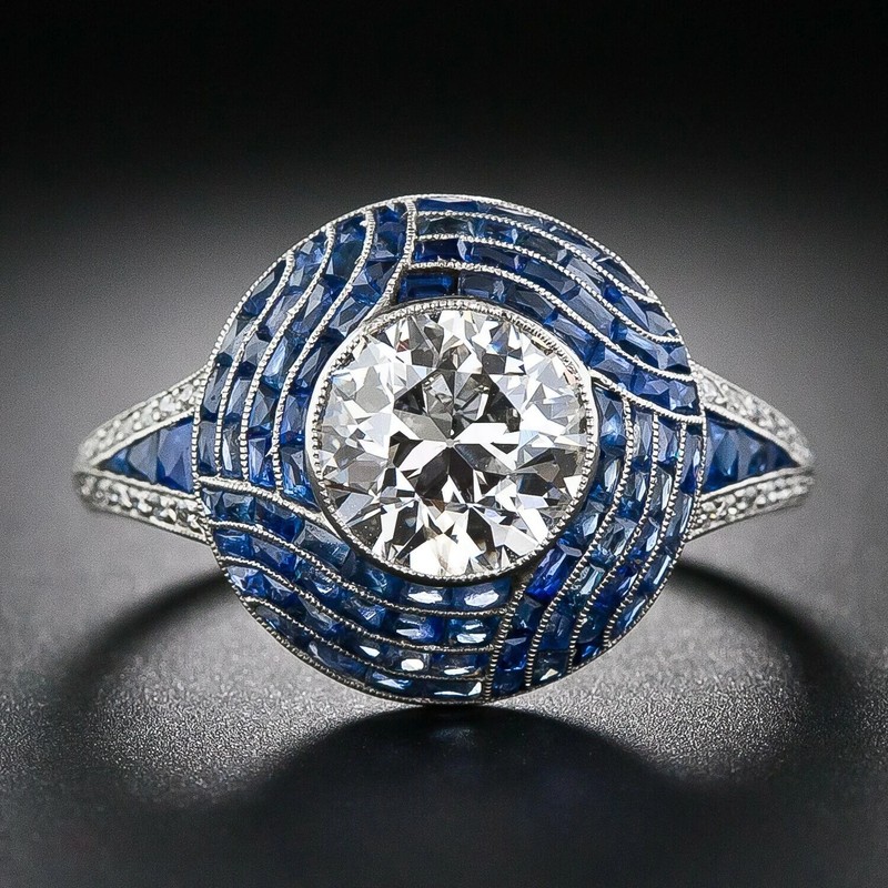 Art Deco Style Lab Created Diamond & Sapphire Wedding 14K White Gold Finish Ring