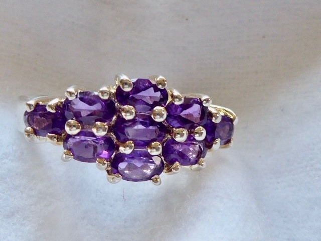 VINTAGE MINED ROUND FACETED AMETHYST CLUSTER RING SIZE 7 STERLING RING gallery
