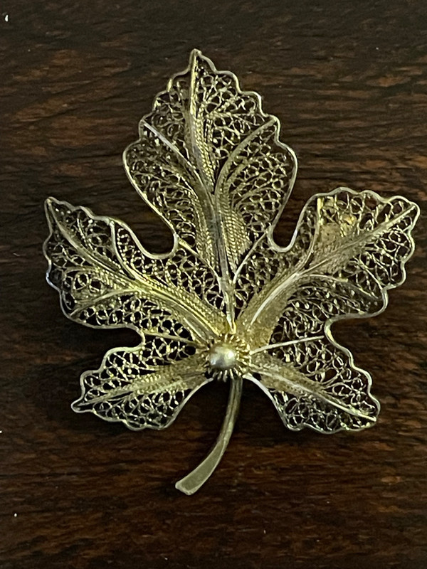 Vintage Gold Vermeil & Sterling Silver Filigree Maple Leaf Brooch from Portugal