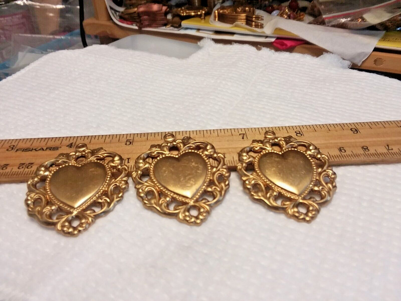 Antique/Vintage 2″ Brass Tone Heart Pendant/Charm 3pcs 01-01-2024