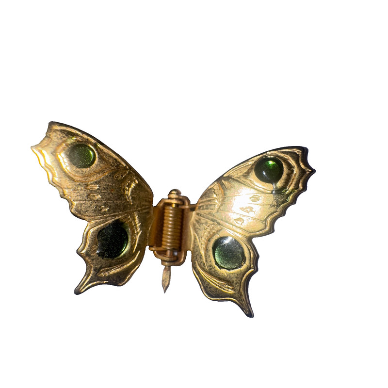Vintage Gold Tone Butterfly Brooch with Green Enamel Glass fairy victorian style