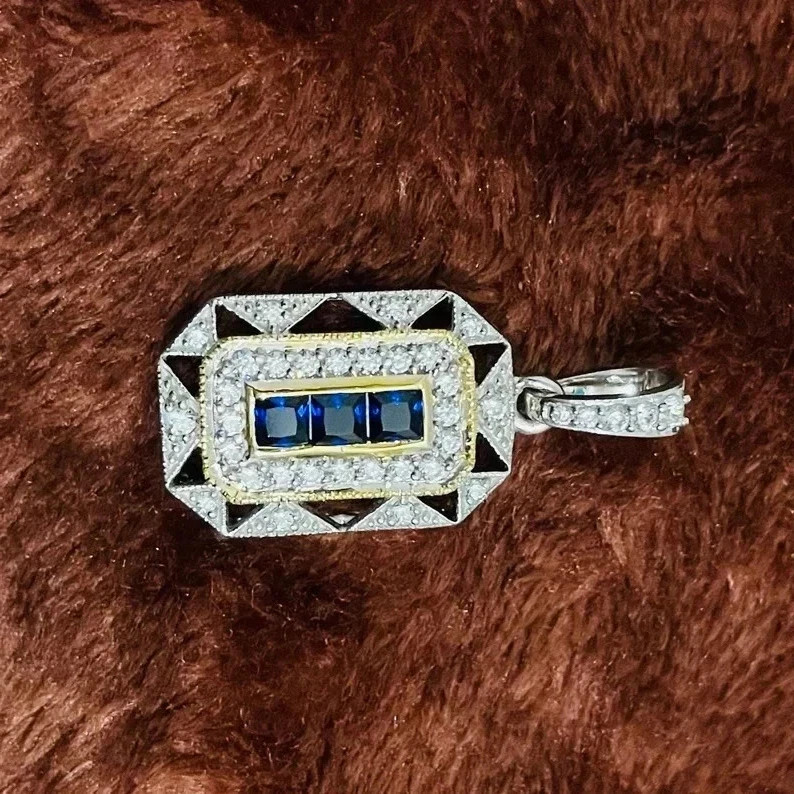 Art Deco Style Lab-Created Sapphire & Diamond Wedding 14k White Gold Finish Ring gallery