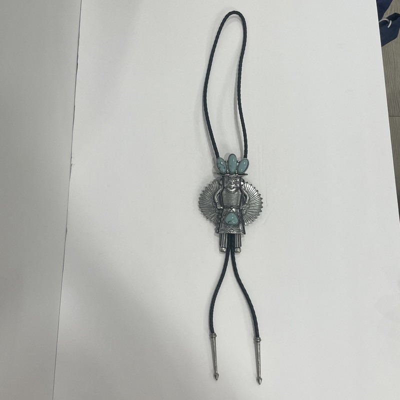 LARGE IRIS APFEL “RARA AVIS” SILVERTONE FAUX TURQUOISE KACHINA BOLO NECKLACE