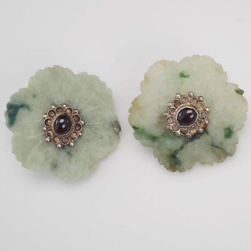 Antique Chinese Jade Garnet Clip Earrings Republic Era