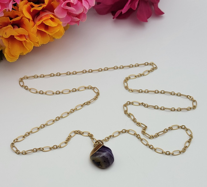 Vintage Amethyst Banded Agate Pendant Brass Chain Necklace 26″ Continuous Strand