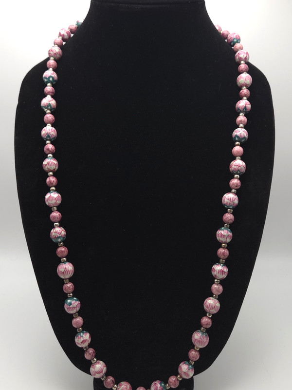 Vintage Hand Painted Floral Lotus Flower Pink Ceramic Beads Beaded Necklace 33" gallery