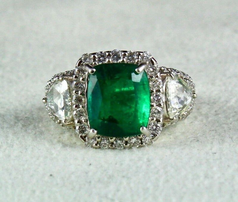 Certified Natural Zambia Emerald Cushion 4.87ct Natural Diamond 18k Gold Ring gallery