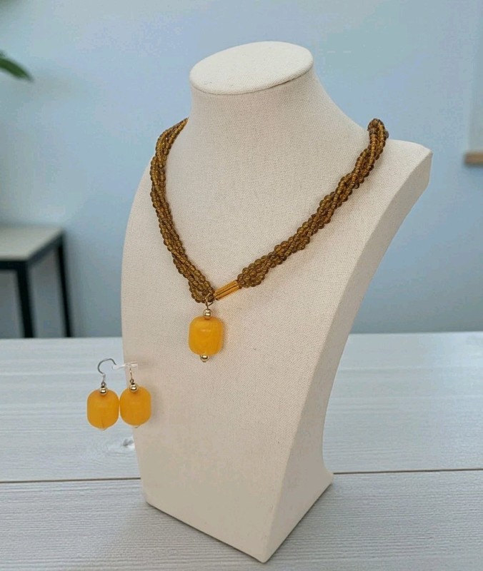 Vintage Rework Butterscotch Amber Bakelite Bead Necklace & Earrings 12K Gold Fil