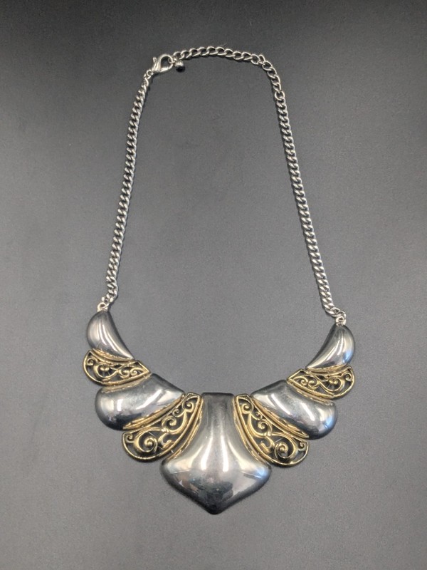 Vintage Statement Necklace, Silver-tone Chain, Gold-toned Decor