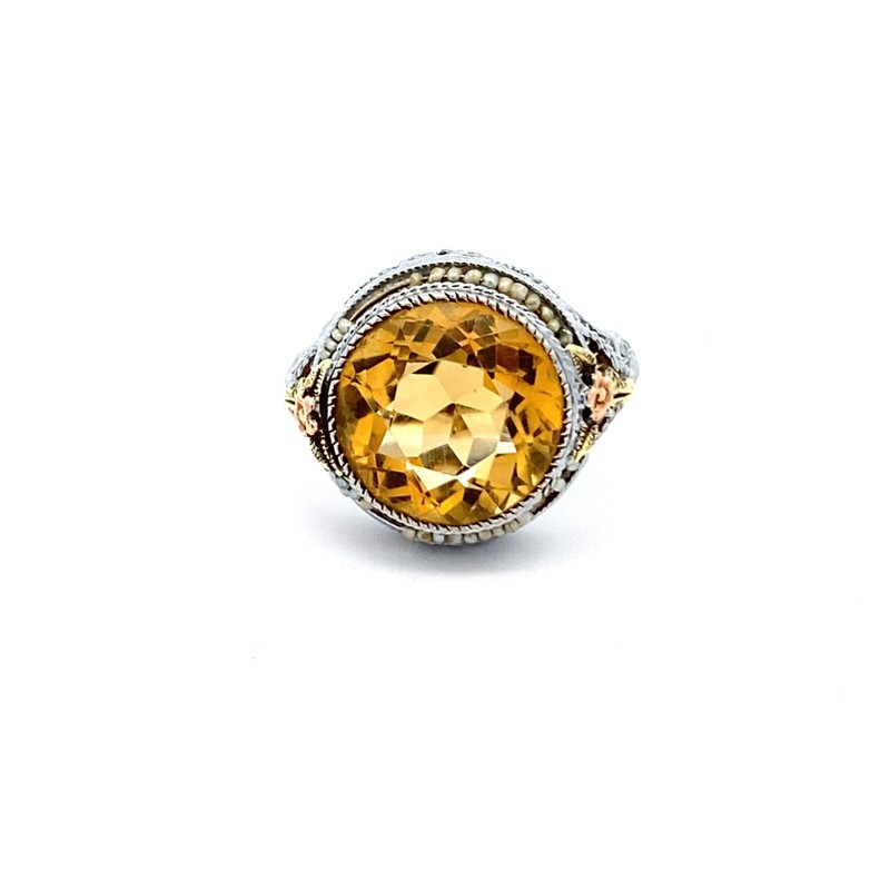 Vintage 14k White Gold Yellow Gold Accent Citrine Round Shaped Ring sz.6.5