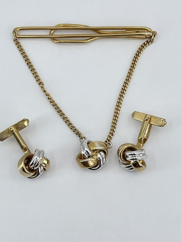 Swank cufflinks and tie clip set gold and silver tone knot bullet back