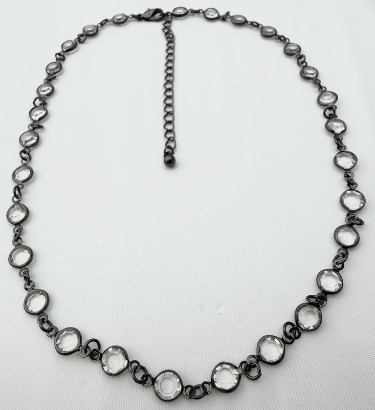 Vintage Style Clear Crystal Rivière Necklace. Gunmetal Faceted Necklace 16”