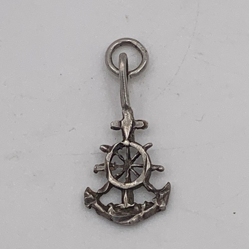 925 Sterling Silver Vintage Navy Anchor Ships Wheel Oxidized Charm Pendant 1″