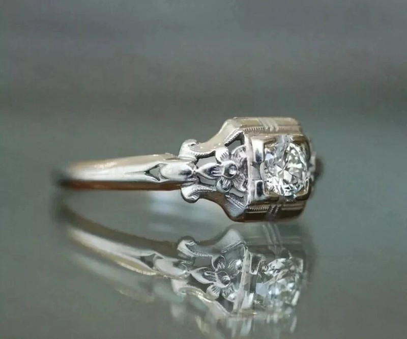 2 Ct Round Lab Created Diamond Art Deco Style Engagement 14K WHite Gold Fn Rings