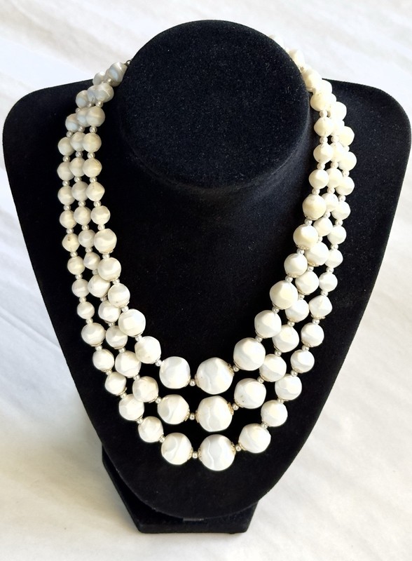 Vtg Faux Baroque Satin Pearl Necklace Spaced Beads Triple Strands Japan 18”-20”