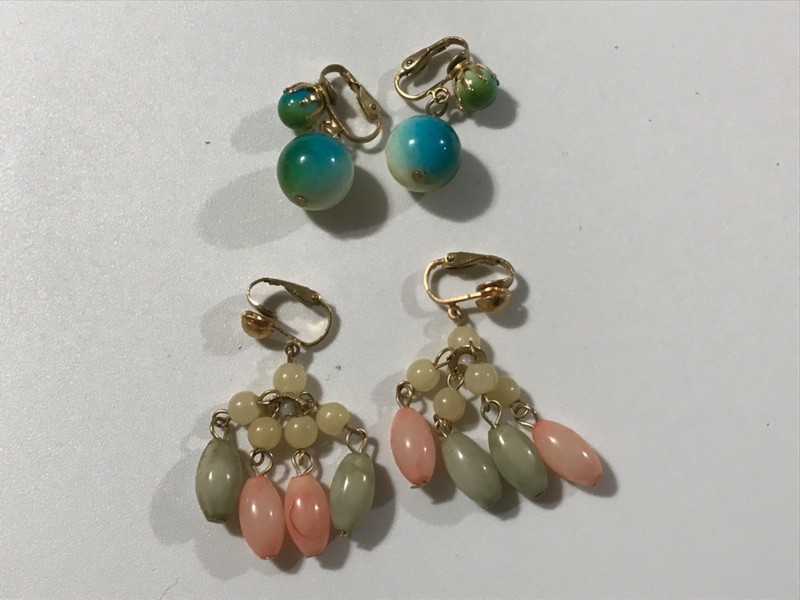 Vintage Pastel Cluster Dangle Drop Clip Earrings and Blue Moon Glow Drop Clip On