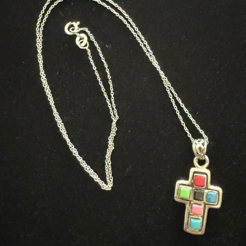 Vintage Cross Pendant Necklace Sterling Silver Turquoise Colorful Rainbow Stones gallery