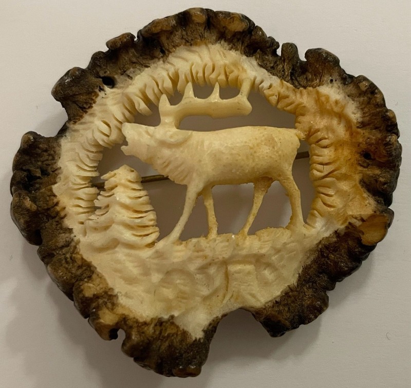 Vintage Carved Antler Brooch C Clasp Moose Tree Deer Intricate Unusual 2.25 Wide