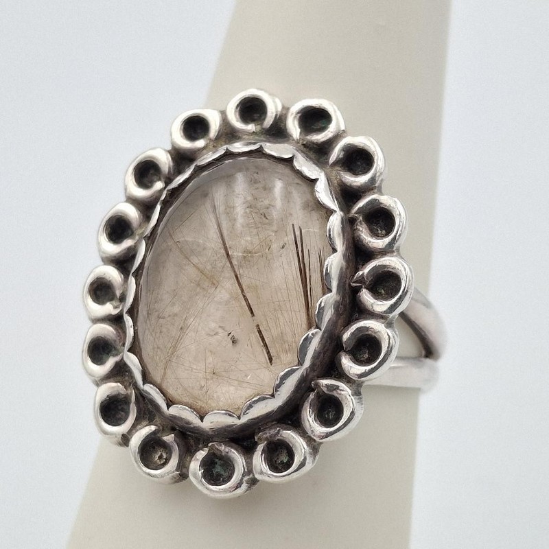 Vintage 925 Sterling Silver Oval Cabochon Rutilated Quartz Cocktail Ring sz 6.5 gallery