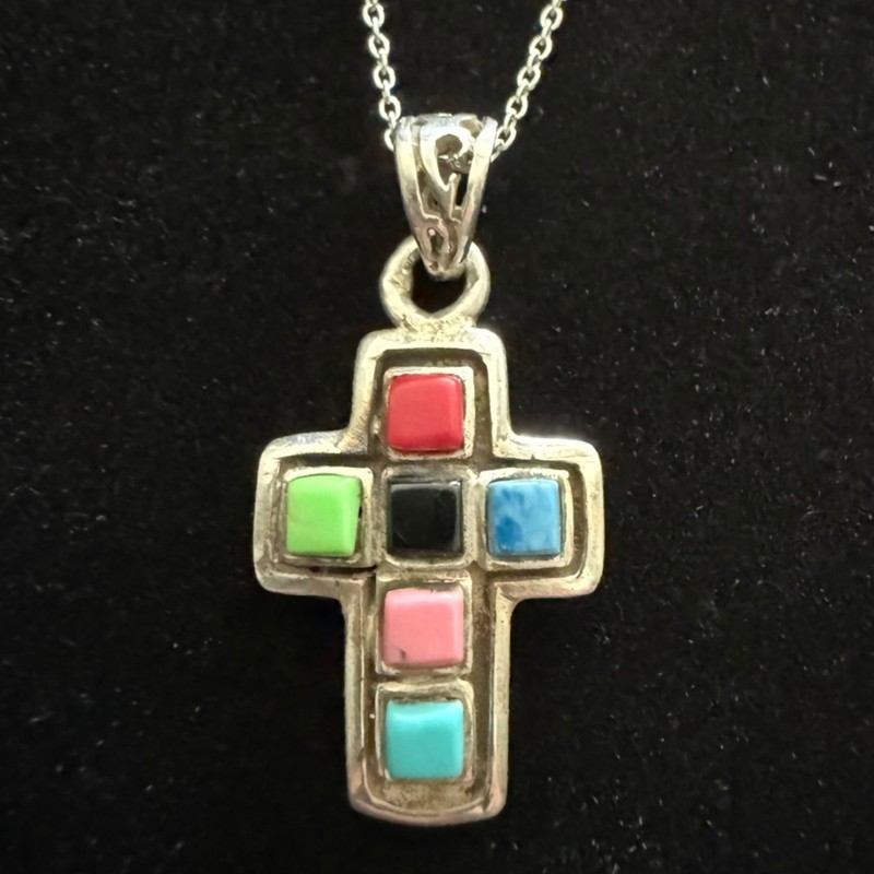 Vintage Cross Pendant Necklace Sterling Silver Turquoise Colorful Rainbow Stones