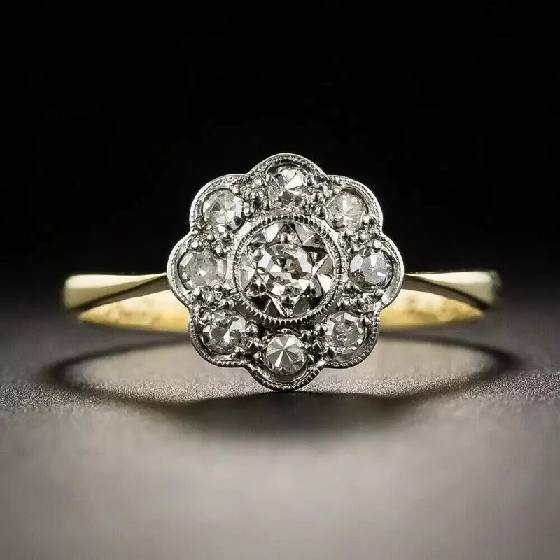 Vintage Art Deco Round Cut Lab Created Diamond Flower 925 Silver Engagement Ring