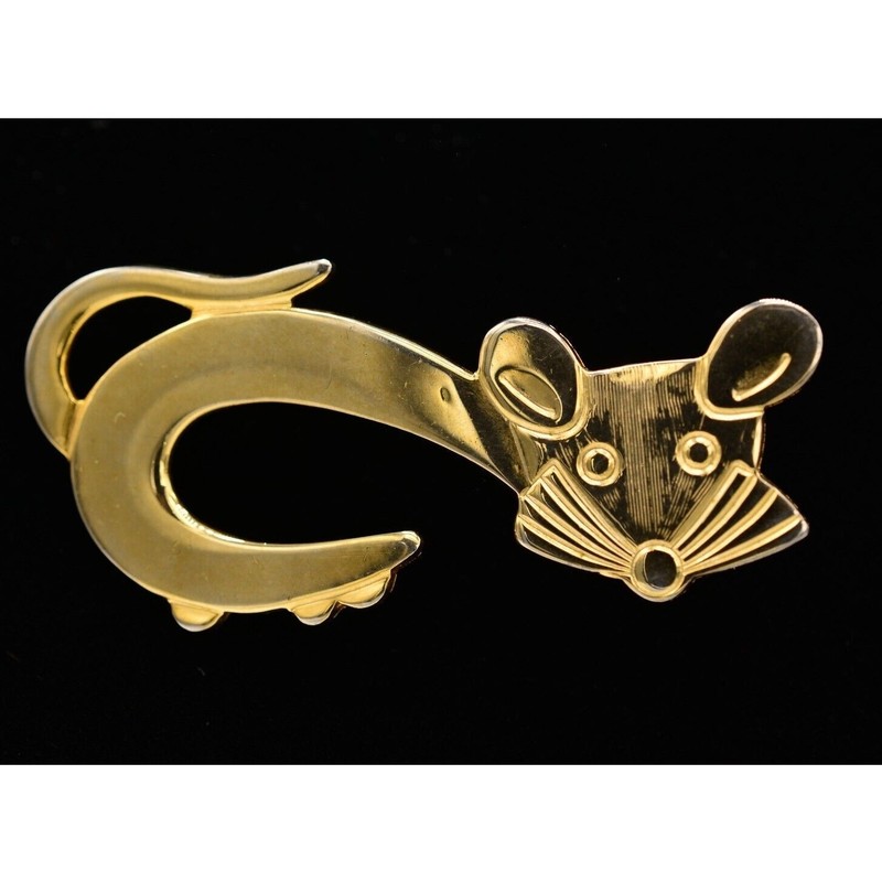 Vintage Cute Mouse Pin Brooch Gold Tone Abstract Cute Playful 1970s BinV