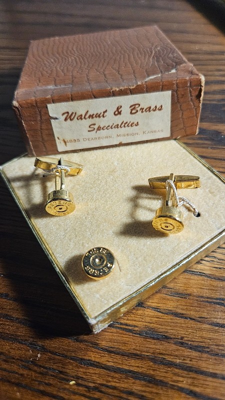 Vintage Peters .38 Special Bullet Cufflinks & Tie Tack Set Walnut & Brass Specia