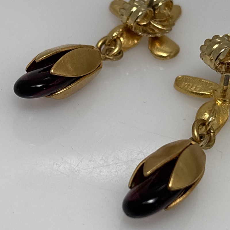 Vintage CELIA LANDMAN Gold Tone Leaf Orchid Dangle Post Earrings SIGNED 5F gallery