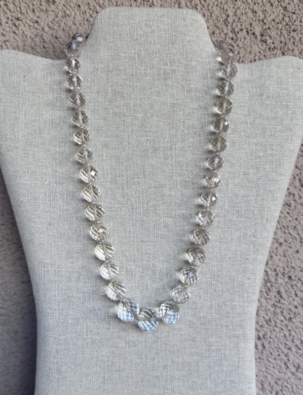 Vintage Art Faceted Round Clear Rock Crystal? Beaded Necklace Sterling Clasp 20”