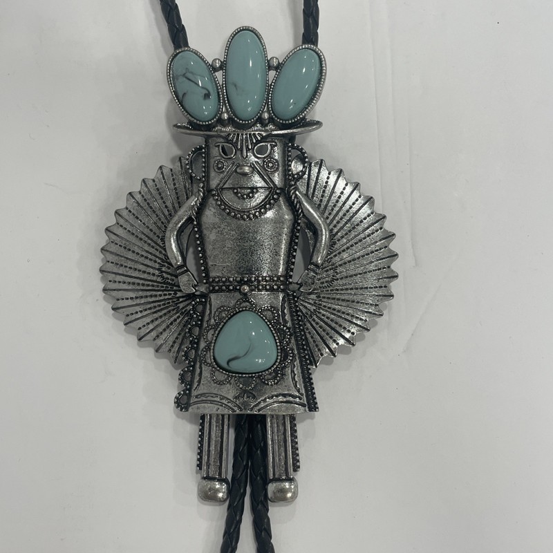 LARGE IRIS APFEL "RARA AVIS" SILVERTONE FAUX TURQUOISE KACHINA BOLO NECKLACE gallery