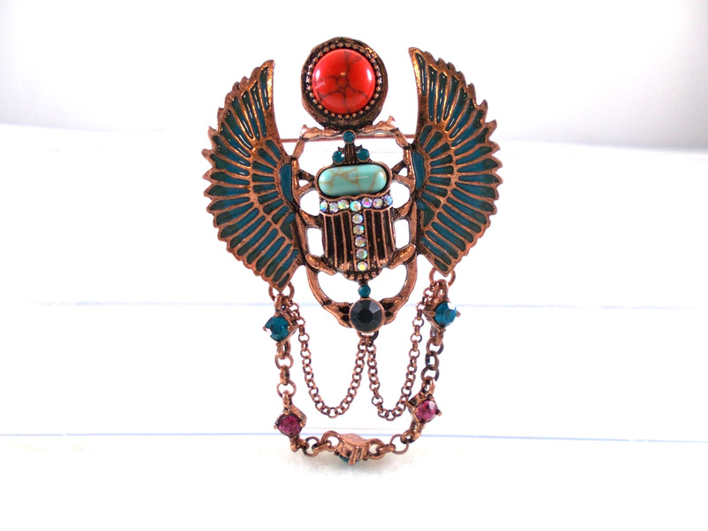 Egyptian Revival Copper Tone Winged Scarab Brooch Pendant Rhinestones & Enamel