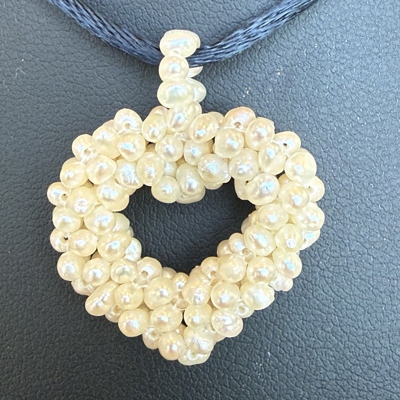 Vintage Freshwater Pearl Heart Shaped Pendant On Black Satin Cord Necklace gallery