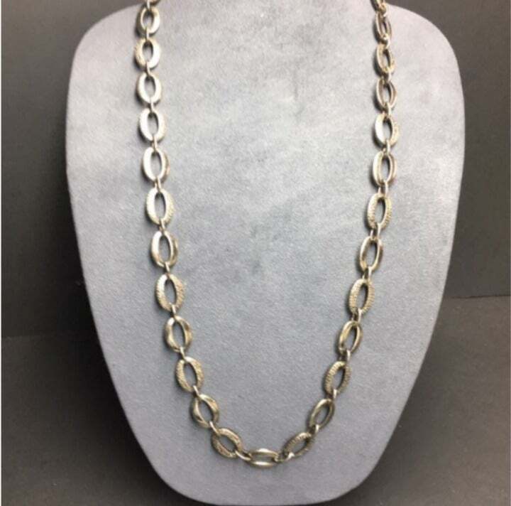 Long Oval Link Necklace 34 In Silver Hammered Dimpled Textured Smooth Vintage
