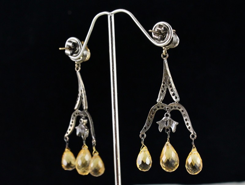 Certified Natural Citrine 10ct Drops Diamond Sterling Silver Victorian Earrings gallery