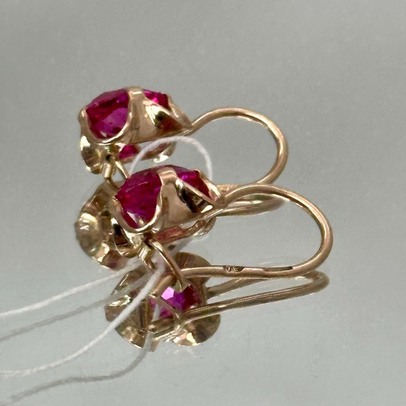 Vintage Original USSR 583 14K Solid Rose Gold Earrings with Lab Ruby, 3.01g gallery
