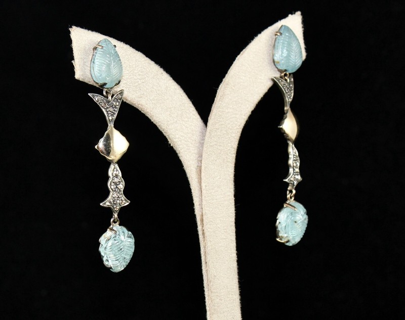 Certified Natural Blue Aquamarine 10ct Diamond Sterling Silver Victorian Earring gallery