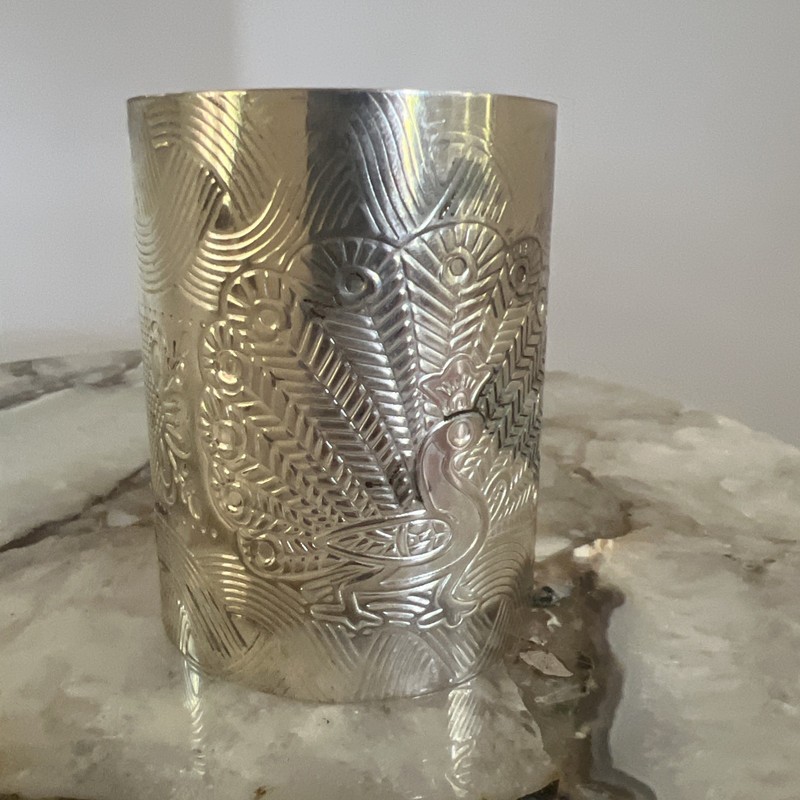 Vintage Indian Chitai Silver Plate Peacock Lotus Flower Hinged Cuff Bangle Piece