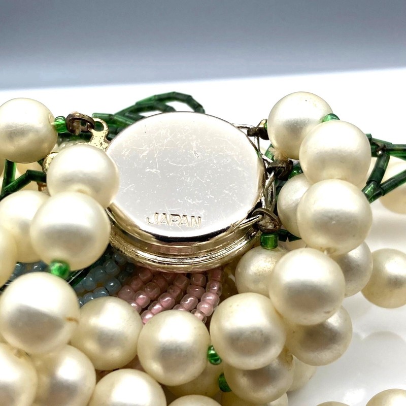 Vintage Triple Strand Floral Necklace, White Satin Finish Faux Pearls with Decor gallery