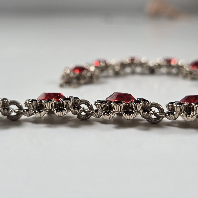 Simulated Red Statement Choker, Rhinestone Silver Tone Necklace gallery