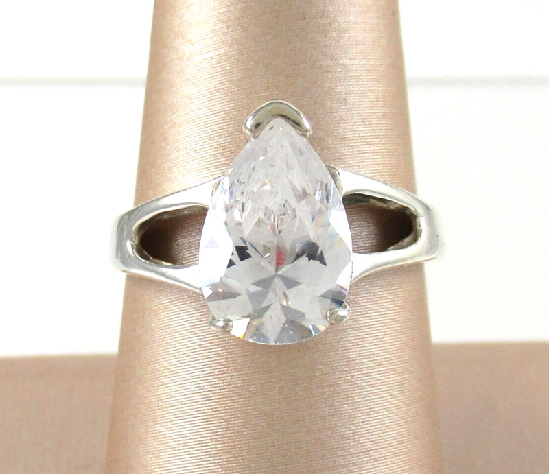 .925 Sterling Silver CZ Solitaire Ring Prong Pear Negative Space Split Shank s8