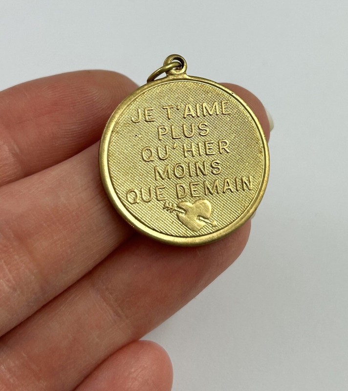 Vintage French Love Charm Necklace Pendant Brass Jewelry - Tarnished As Is gallery