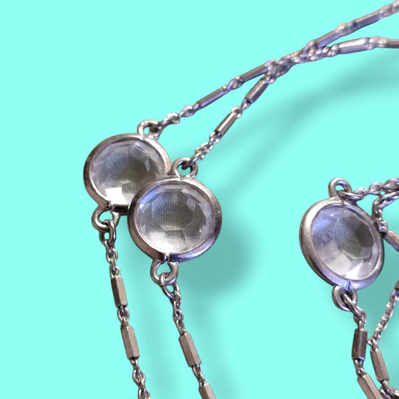 Vintage 32in Bezel Set Crystal Glass Necklace Silver Tone Bar Chain gallery