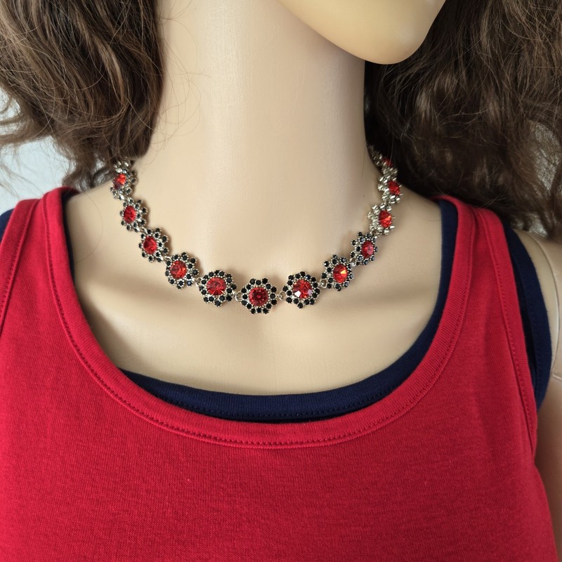 Simulated Red Statement Choker, Rhinestone Silver Tone Necklace gallery