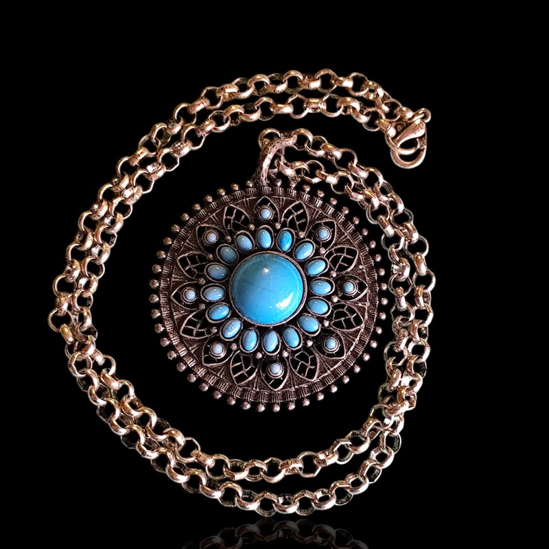 Vintage Large Imitation Turquoise Open Work Cut Out Medallion Necklace 32in