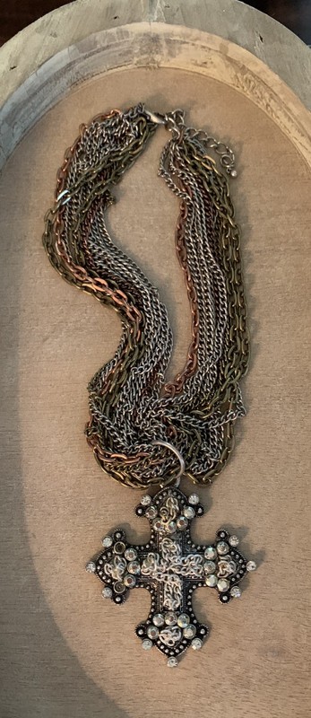 Vintage Multi Chain Mixed Metal Cross Statement Brutalist Necklace 21”s gallery