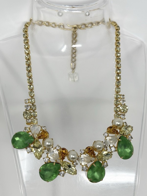 Vintage Czech Crystal Collar Necklace Green Yellow Imitation Pearl Statement 17” gallery